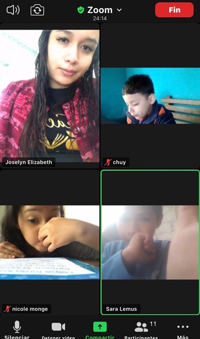 Screenshot of Zoom session with teacher and three children
